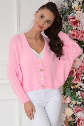 Sweter ove na guziki dekolt V pastelowy róż Tivoli