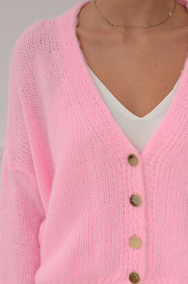 Sweter ove na guziki dekolt V pastelowy róż Tivoli