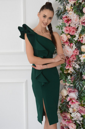 Sukienka na jedno ramię z falbaną ciemna zieleń Etiena