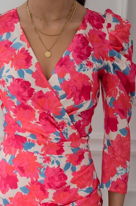 Sukienka kopertowa w malowane kwiaty fuksja-beż Sampario