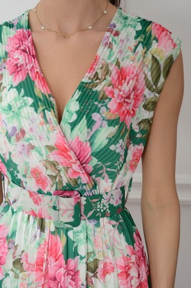 Sukienka midi plisowana z paskiem w kwiaty zieleń Nicolet