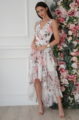 Sukienka maxi asymetryczna w pudrowe kwiaty biała Ottavia