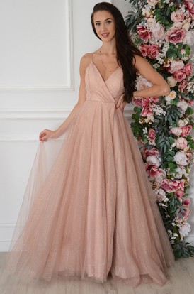 Sukienka maxi brokatowa z tiulu brudny róż Gabriele