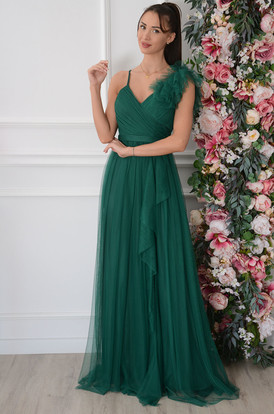 Sukienka maxi tiulowa z falb ciemna zieleń Bolivia