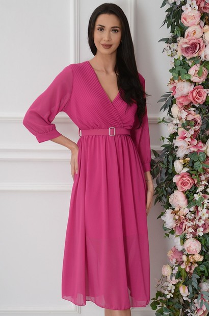 Sukienka midi szyfonowa z paskiem fuksja Nassu