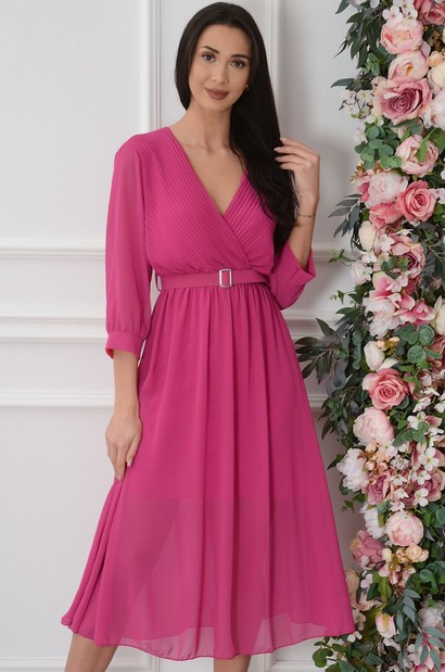 Sukienka midi szyfonowa z paskiem fuksja Nassu