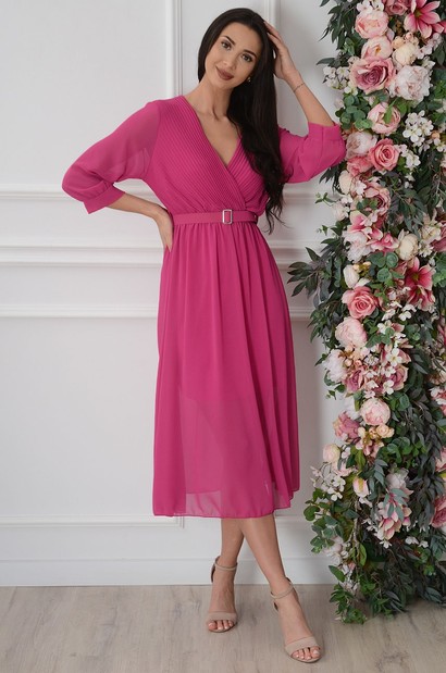 Sukienka midi szyfonowa z paskiem fuksja Nassu