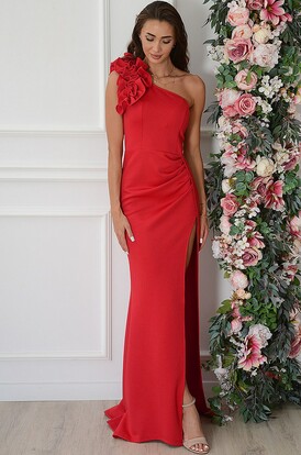 Sukienka maxi na jedno ramię z falbaną czerwona Roma