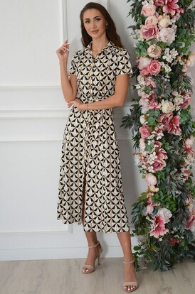 Sukienka midi szmizjerka geometric print beż-czarna Iva