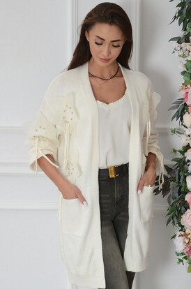 Sweter kardigan w szyfonowe kwiaty krem Podsy