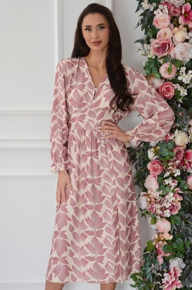 Sukienka midi z guziczk w mal listki br róż Ninna