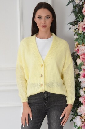 Sweter oversize na guziki dekolt V cytryna Tivoli