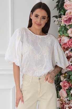 Bluzka haftowana bufiaste rękawki ecru Rumis