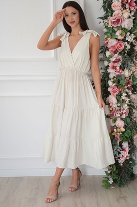 Sukienka midi z falban z kokardami beż Armine