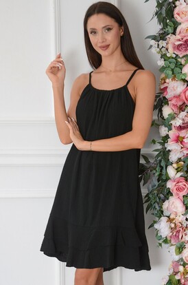 Sukienka muślinowa z falb i wiązaniem czarna Lorre