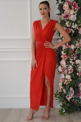 Sukienka maxi brokatowa z marszczeniem czerwona Bari