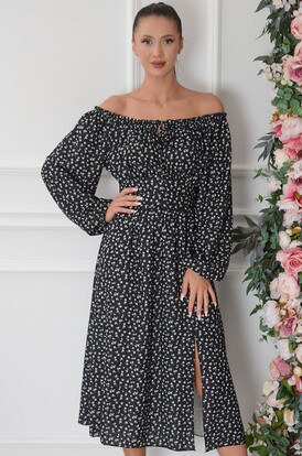 Sukienka midi dł rękaw w drobne kwi czarna Ambery