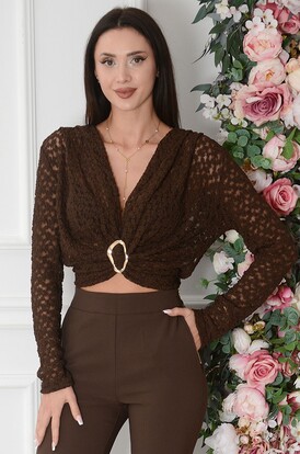 Bluzka koronkowa dł rękaw z klamr czekolada Glitie