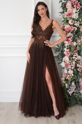 Sukienka maxi z tiulu i gipiury czekolada Juliette