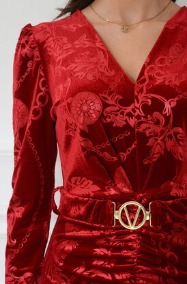 Sukienka midi welurowa w ornamenty bordo Werma