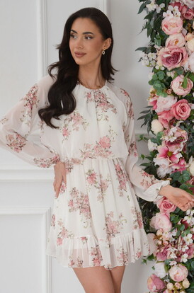 Sukienka mini z szyfonu w różo kwiaty biała Florre
