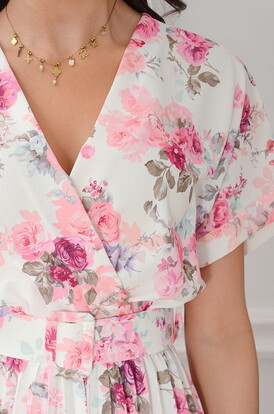 Sukienka midi plis kimono w kwiaty biała Ninne