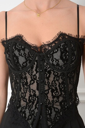 Top gorset velvet z koronką czarny Catharina