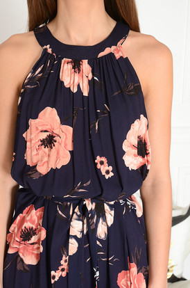 Sukienka maxi na szyję granatowa w kwiaty Rozalia