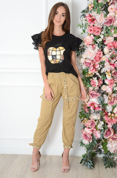 Spodnie bojówki wysoki stan z perłami beżowe Becket