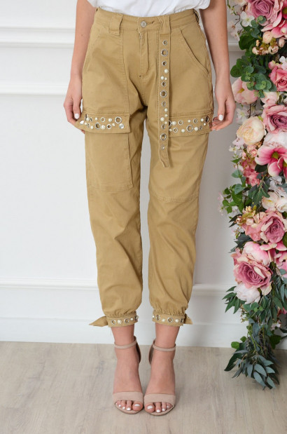 Spodnie bojówki wysoki stan z perłami beżowe Becket
