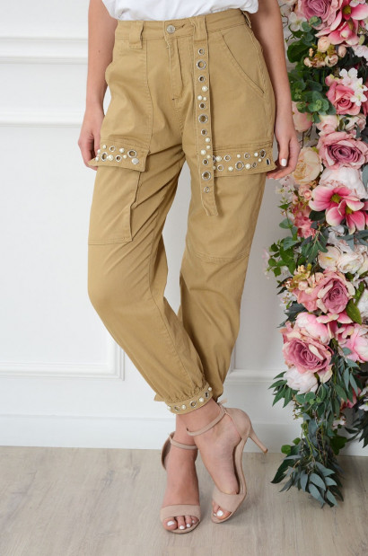Spodnie bojówki wysoki stan z perłami beżowe Becket