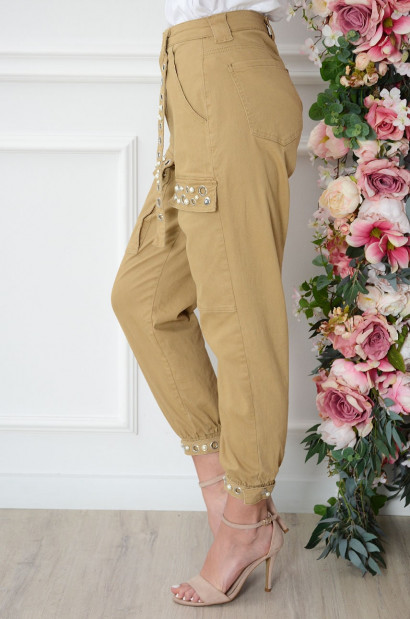 Spodnie bojówki wysoki stan z perłami beżowe Becket