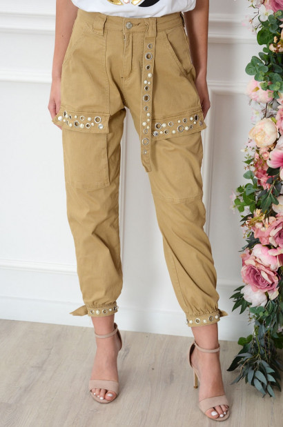 Spodnie bojówki wysoki stan z perłami beżowe Becket