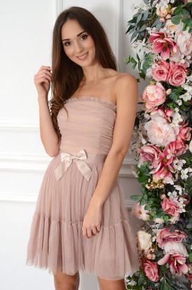 Sukienka tiulowa z marszczeniem i kokardą brudny róż Reyna