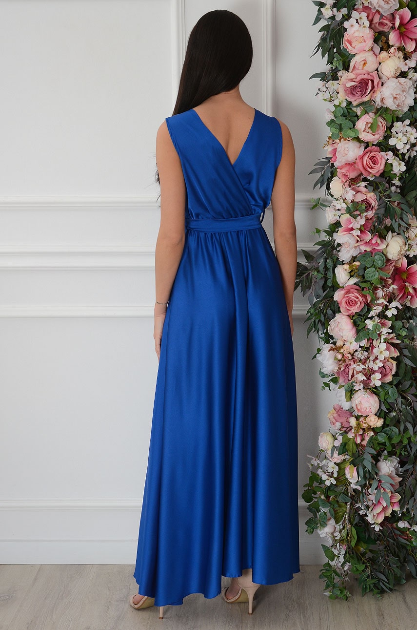 Sukienka maxi satynowa kopertowa kobalt, sukienki maxi, Sklep