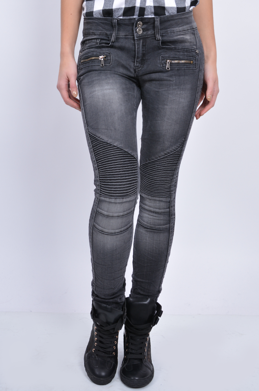 Spodnie jeans z przeszyciami i zamkami czarne - Cocomoda.pl
