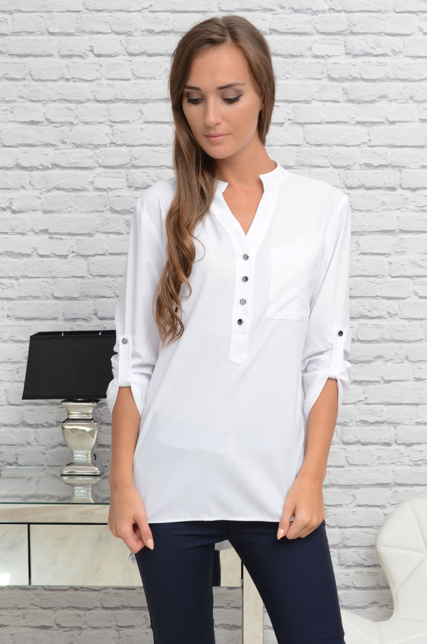 Elegancka bluzka koszulowa na stójce biała odzież